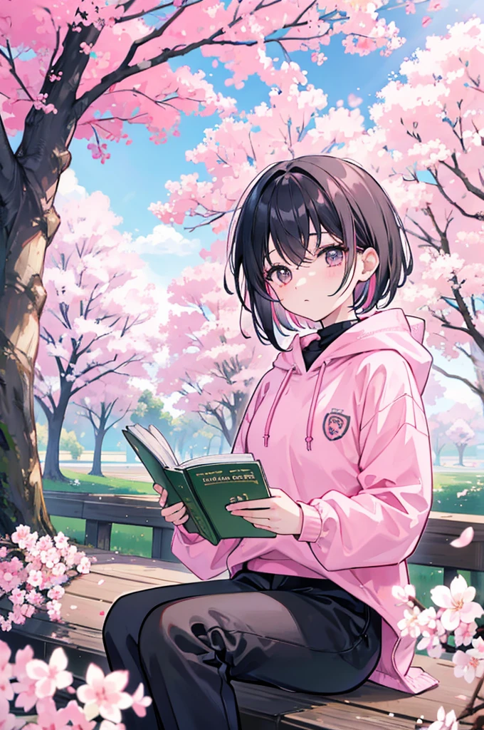 sitting under a cherry blossom tree reading a book、Pink short hair、Wearing a pink hoodie, a black turtleneck, and black long pants.、youth、man、male