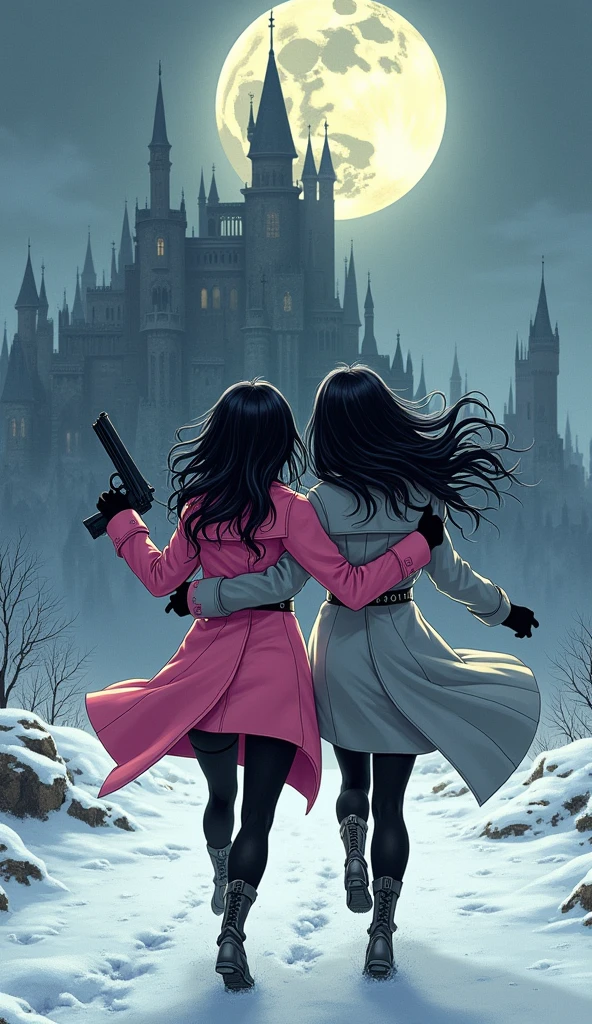 Two girls, long black hairs, yuri, Vampire Hunters

The first girl wear a pink long coat, black shirt, pink pencil skirt, black underpants, black tights, black gloves, white sneakers high top, holding a pistol gun on right hand.

The second girl wore a grey long coat, black shirt, grey pencil skirt, black underpants, black tights, black gloves, white sneakers high top, holding a pistol gun on left hand.

running forward and heading towards the vampire castle, snowing, grey blue sky, moon, cartoon novel, 4K, HD