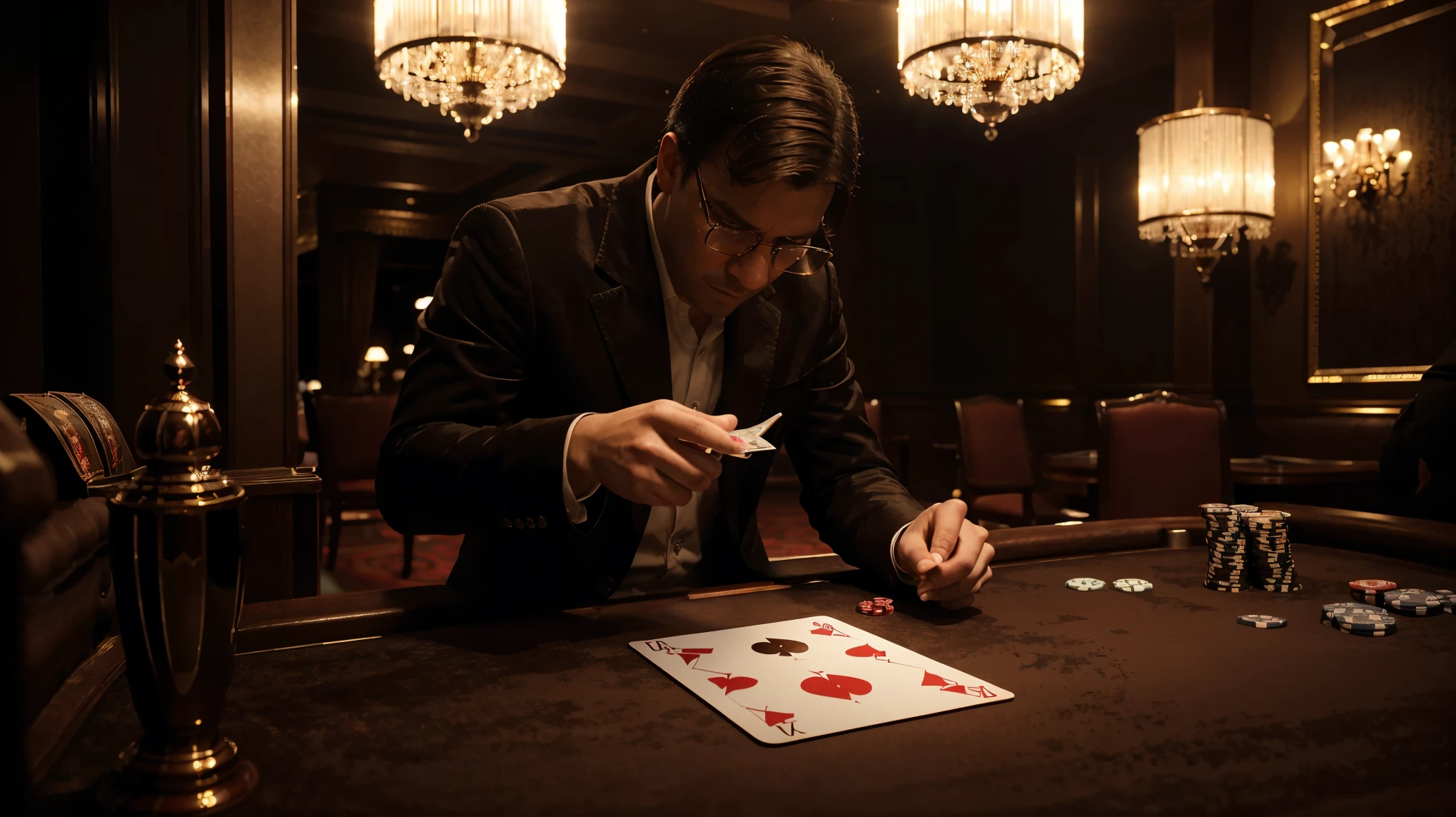 a man gambling with cards on a table, photorealistic, extremely detailed, cinematic lighting, hyper-realistic, dramatic atmosphere, high quality, award-winning, masterpiece, chiaroscuro, vibrant colors, raytraced, volumetric lighting, ambient occlusion, depth of field, high contrast, moody, gritty, dramatic, intense, cinematic composition, intricate details, realistic textures, luxury casino, plush velvet, polished mahogany, crystal glasses, crystal chandelier, elegant decor, high stakes game, intense concentration, suspenseful mood, cinematic framing, epic scale, dramatic shadows, dramatic highlights, dramatic lighting, dynamic camera angle