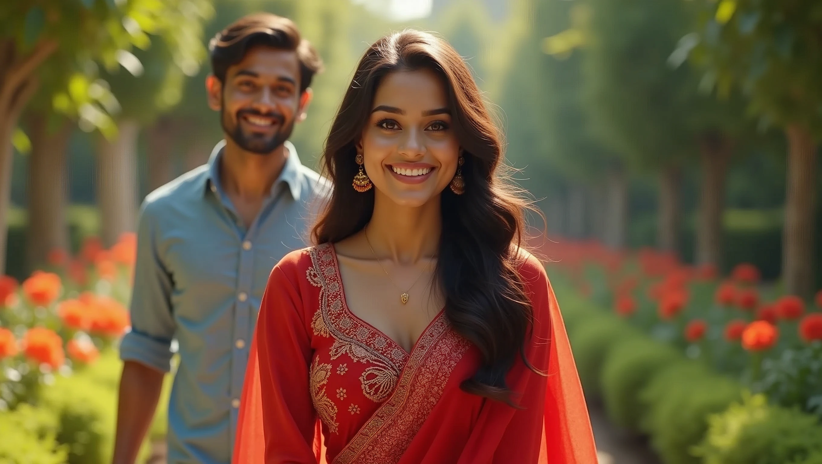 realistic, best quality, very detailed, Beautiful A 21 year old Indian girl she have smile on face and she is wearing red colour suit salwar and she is going towards the garden and behind her she also has boyfriend smile on face when I am going hand in pocket and the girl is a little bit shy And she has boyfriend behind her too.hd realistic art image