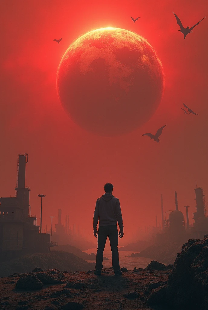 A polluted planet, seen from space, with demons flying around.
A lone man watches it, a red sky.