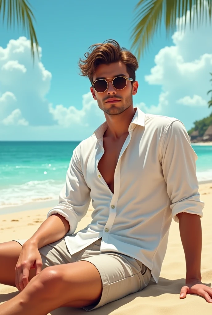 young man on the beach wearing a white shirt, shorts and sunglasses 