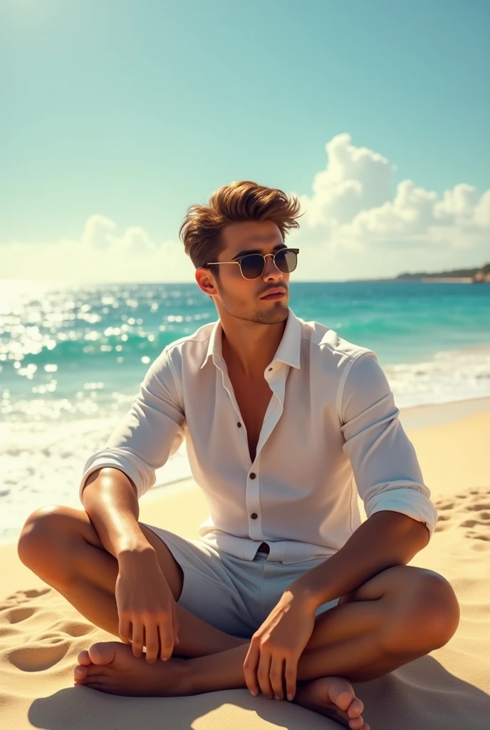 young man on the beach wearing a white shirt, shorts and sunglasses