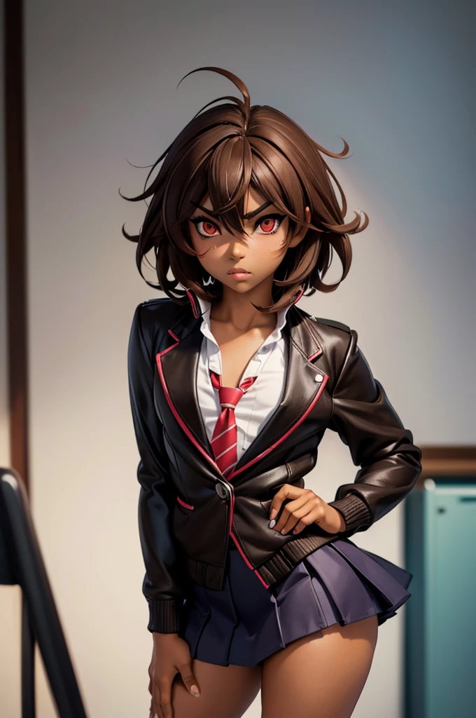 ((anime boy)), ((crossdresser)), (((1boy)))), (((solo))), ((((alone)))) medium dark brown hair, red eyes, ((((brown skin)))), wide hips, narrow waist, thick thighs, angry, make up, red lipstick, standing in a classroom, ((flat chest)), (black school jacket), (black skirt), (shirt), (highschool uniform)