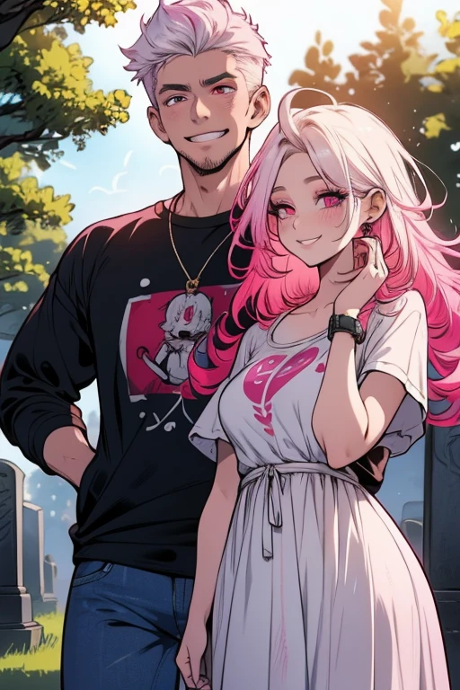 One man. One woman. Perfect faces. Perfect hands. A pink haired woman with violet eyes with an hourglass figure in a summer dress is kissing a young white haired man with red eyes in a t-shirt and jeans in a cemetery with big smiles