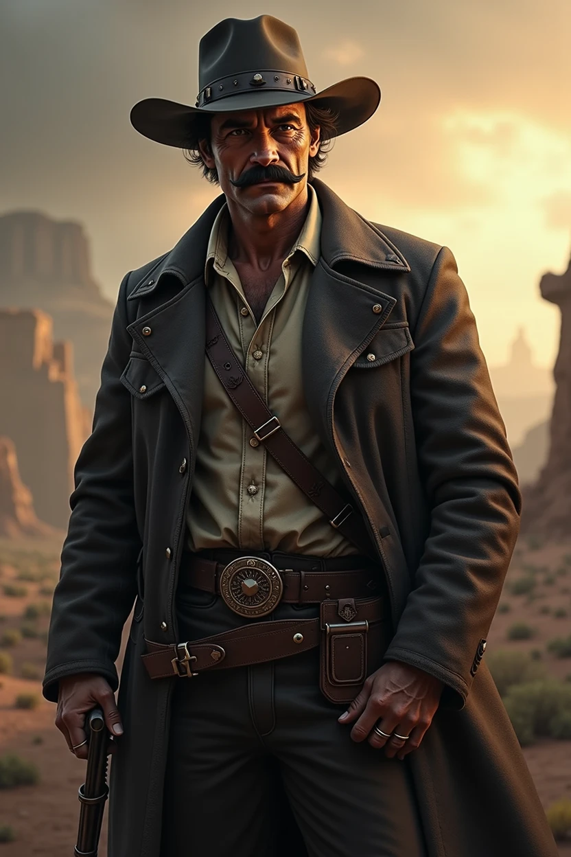 Make an outlaw from the late 1800s who radiates authority and determination. His posture must be heroic and authoritative. He is approximately 35-40 years old with short dark hair. His hardened features show rugged determination, and his piercing eyes have seen many battles. He has a bold, handlebar mustache.