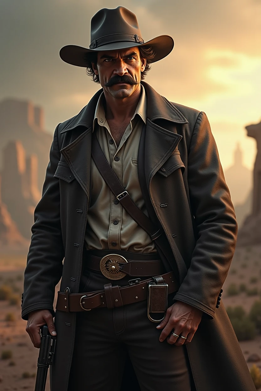 Make an outlaw from the late 1800s who radiates authority and determination. His posture must be heroic and authoritative. He is approximately 35-40 years old with short dark hair. His hardened features show rugged determination, and his piercing eyes have seen many battles. He has a bold, handlebar mustache.