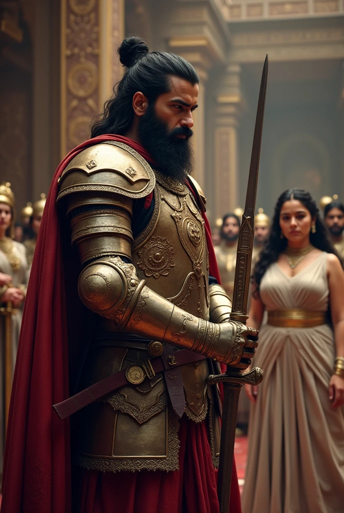 Show King Vikram in his royal armory, preparing for battle against the demon. He is surrounded by weapons and armor, carefully selecting his sword while donning a suit of armor. The king's face is focused and determined. Behind him, through an open door, Queen Suman is visible, watching him with concern and determination, dressed in a simpler yet elegant royal outfit."