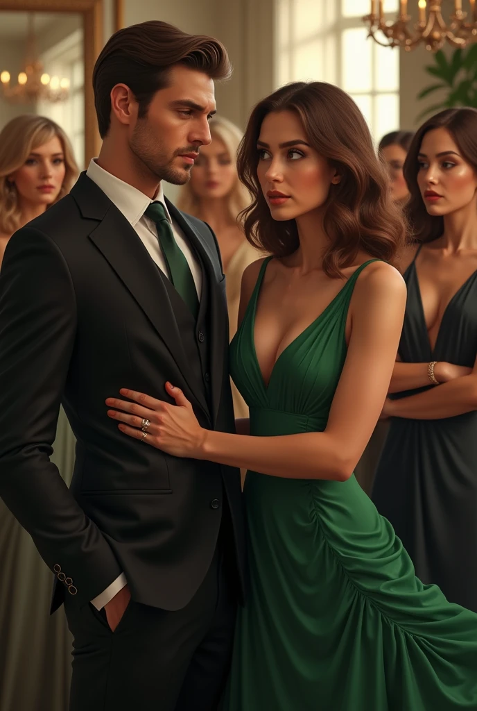 A confident and attractive man in a suit adjusting his sleeve with a woman by his side in a green dress, and many women wanting to be in the green dress woman's place., I want this ratio 1800 by 1800, I don't want a vulgar image