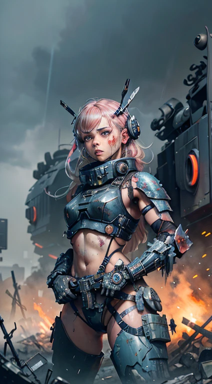 Postapocalyptic combat scene with a Beautiful hyperrealistic photograph of cute Young Swedish woman with Runic tattoos, ((dirty face Blood splattered)), (((wearing full heavy mecha armor, combat harness, Neon highlights))) Short Red Dreadlocks, combat pose, (((Holding on to the side of a combat Sci-Fi Combat helicopter))), exterior of Destroyed building, Fires, Smoke, debris, Camo netting, Ammo Boxes, Rain, Stormy, Wet, abstract beauty, near perfection, pure form, intricate detail, 8k post-production, High resolution, super Detail, trending on ArtStation, sharp focus, studio photos, intricate detail, Very detailed, By Greg Rutkowski