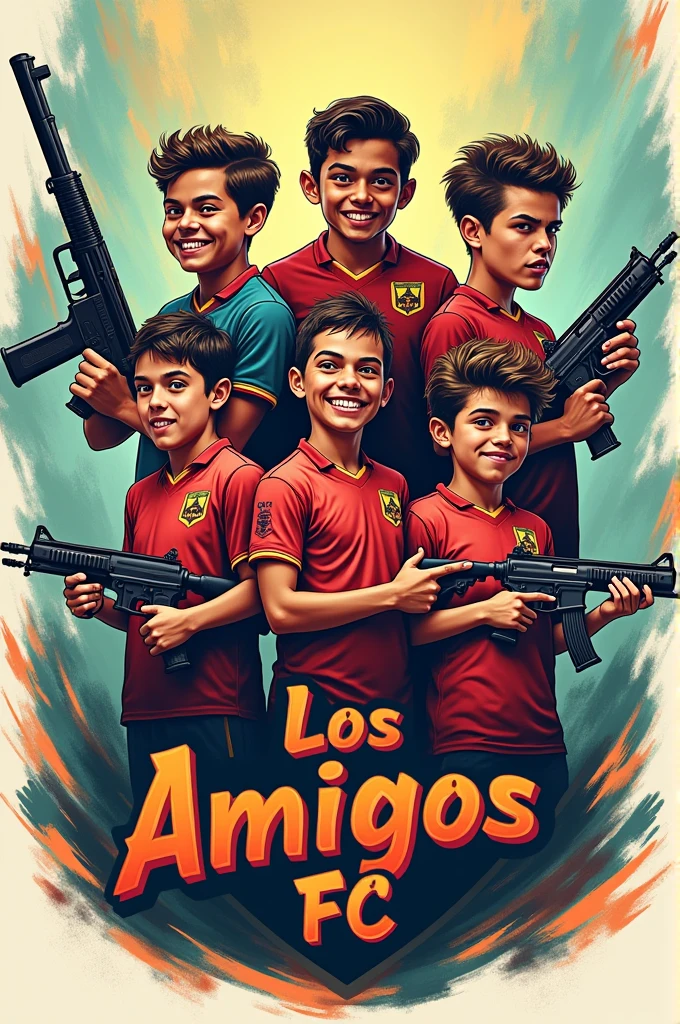 I need you to create a soccer badge whose name is Los Amigos FC, let it be creative youth a little bit of terror, of evil, gun and laughter inside the badge image
Mainly that it be funny and scary gun and insanity, I want them to appear with a gun and 7 different players each and have fun