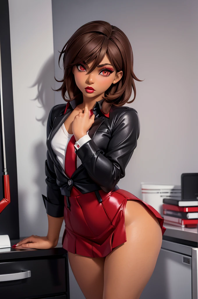 ((anime boy)), ((crossdresser)), (((1boy)))), (((solo))), ((((alone)))) medium dark brown hair, red eyes, ((((brown skin)))), wide hips, narrow waist, thick thighs, standing in a office, ((flat chest)), short skirt, visible bulge, closed shirt, red tie, ((makeup)), ((red lipstick)), (((black office outfit))).