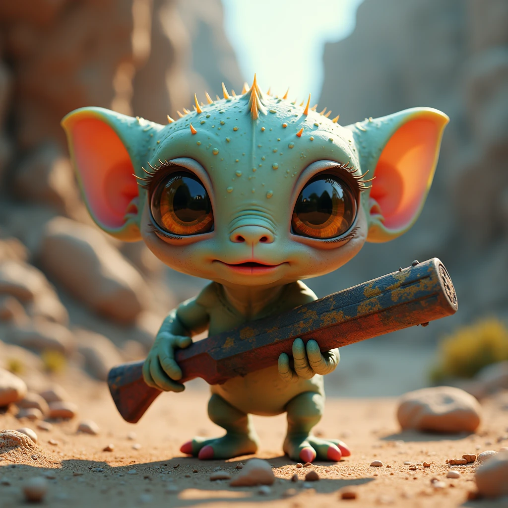 Giant Weapon in hand, full body, Professional 3D design of a cute and quirky alien creature with big curious eyes, charming animation, endearing personality, exaggerated features, dynamic pose, captivating expression, expert character design, vibrant and otherworldly textures, engaging storytelling, versatile animation style, high-quality render, volumetric, 4k, (best quality, masterpiece, photorealistic), very aesthetic, perfect composition, intricate details, ultra-detailed, vivid colors
