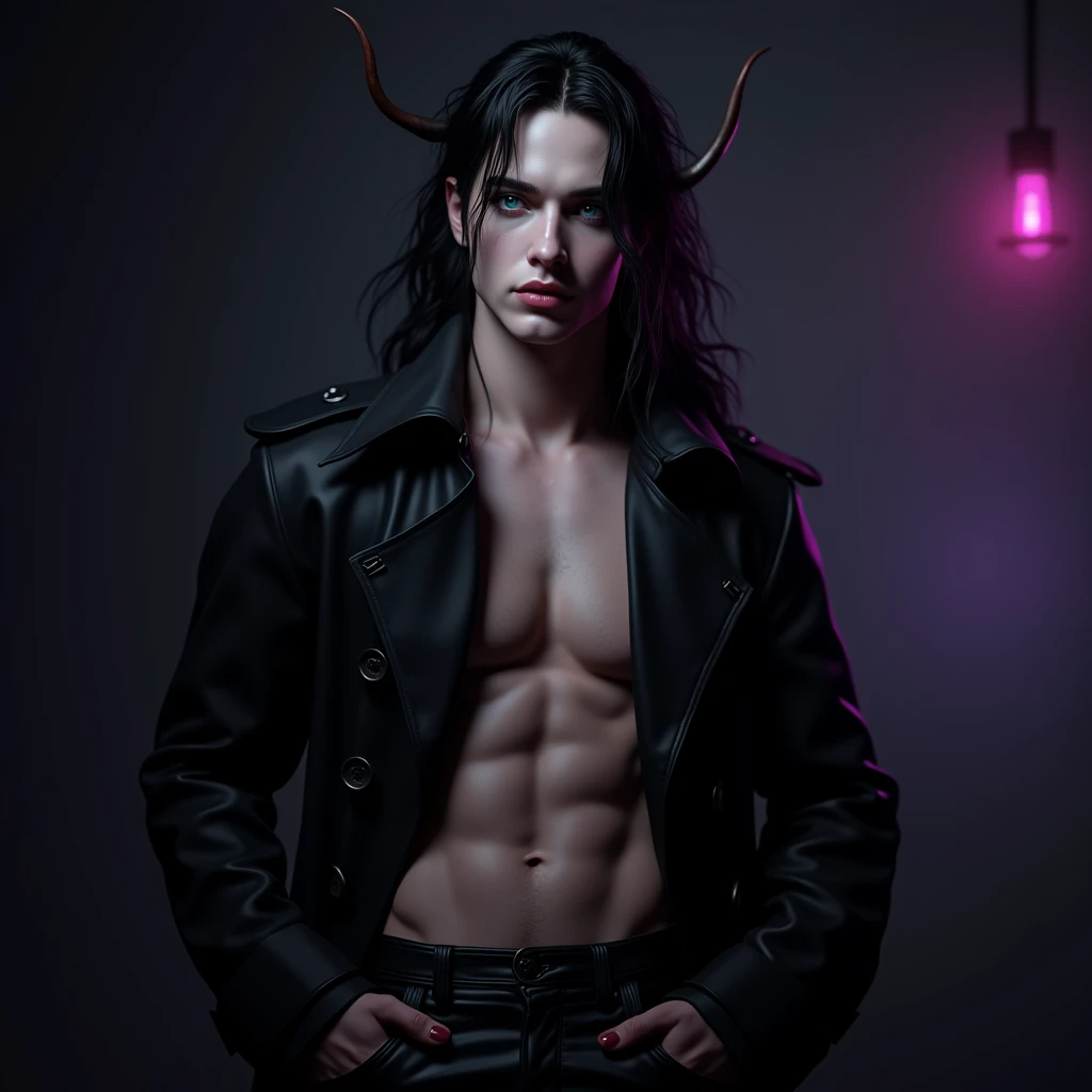 ((Best quality)), ((masterpiece)), 8k (detailed), ((perfect face)) ((fullbody)), perfect proportions, He is a gorgeous devil, his facial features delicate and perfect. He has black long hair and teal-blue eyes. Wearing black shiny leather jeans and a black trench coat. He has long eyelashes, his skin is white and pale. (No facial or body hair) He is sexy. He has gothic makeup on his face. He is 19 years old. The overall look is very erotic. ((Black and purple)) ((sexy)) ((seductive) ((looking down)) ((Smirking)) male) boy.