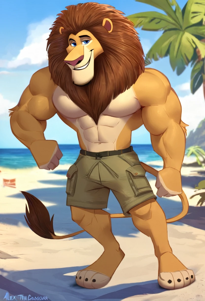 Alex the Lion from Madagascar cartoon, slender, muscular gold lion with blue eyes, handsome, tall, brown pentagon mane, extremely beautiful face, muscular body, wears cargo shorts, bare feet, on beach, smile