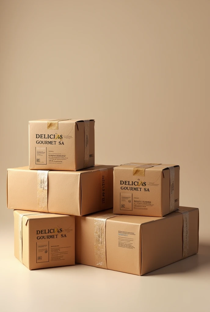 (photorealism:1.2), Show boxes with good packaging and packing WITH TAPE AROUND THE BOXES FOR TRANSPORT and with instructions on how to handle the box. But these boxes should have the company name "DELICIAS GOURMET SA" that makes whole grain cookies with nuts