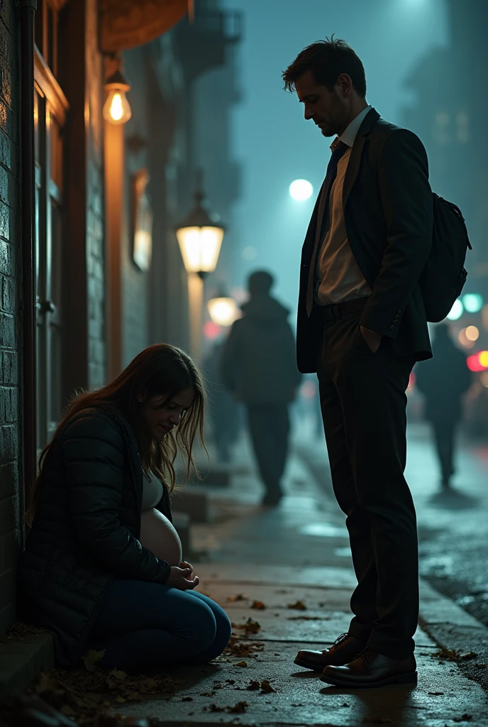 Homeless pregnant woman crying, and a man proud of doing a good job 