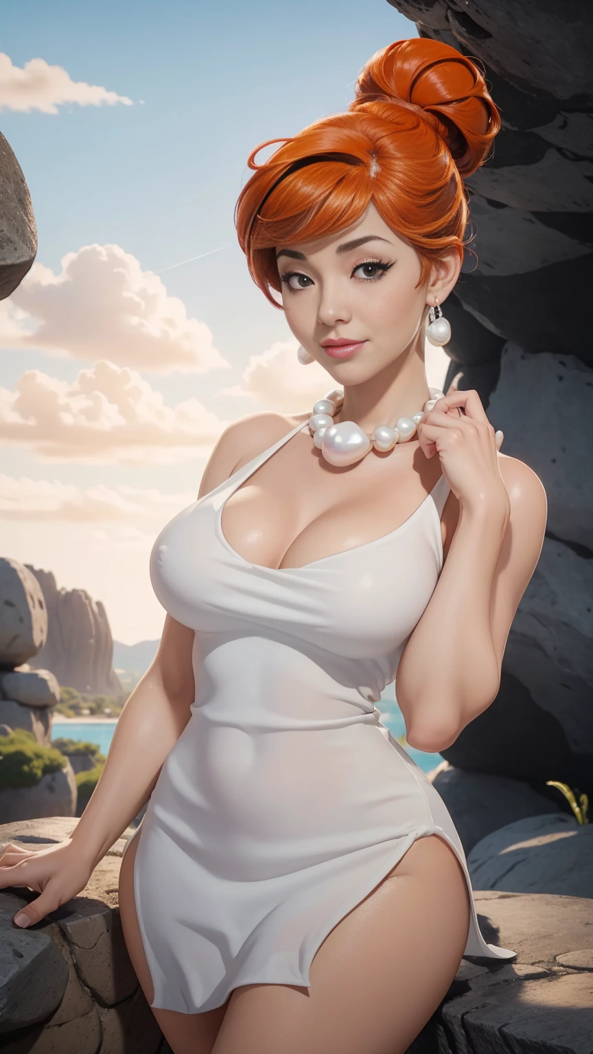 score_9, score_8_up, score_7_up, (Masterpiece),(8K work), perfecteyes,1 girl,(sexy pose), Open eyes at viewer, pink eyes, 

1 beautiful woman, ((wilma flintstone)), (hair up with a big bun at the back), ((best quality)), ((black eyes:1.5)), ginger red hair, short hair, ((wilma flintstone look hair:1.2)), (white pearl necklace on her neck:1.2), (white pearl earrings:1.2),

 big breasts, wide hips, smile, sensual, seductive, Masterpiece, best quality,  1girl,  , ((white dress)),  , extremely detailed, volumetric lighting, colorful, ((big_breasts)), nipples covered, (tanned body, with clear bikini marks on her body, one leg up,
prehistoric flintstone background, blue sky, stones , stone an marble houses