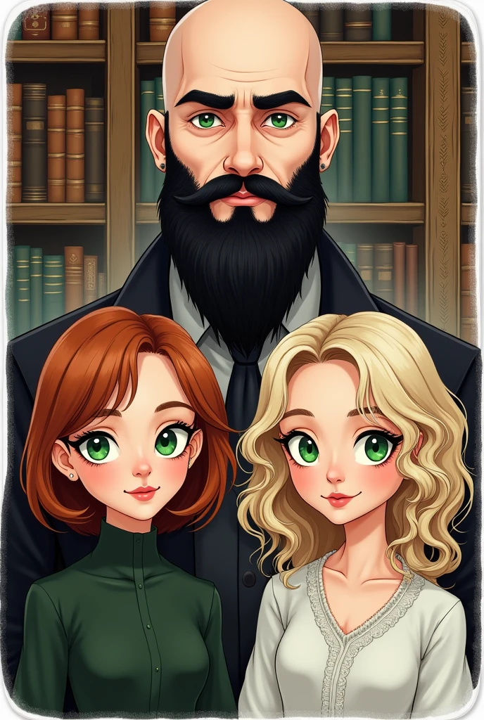 A tall white man, bald, his beard is black and his eyes are green. A white woman, has copper-brown hair, straight without bangs and parted in the middle, her eyes are green. white woman, with white skin, green eyes and curly, blonde hair. Sticker illustration, library background.