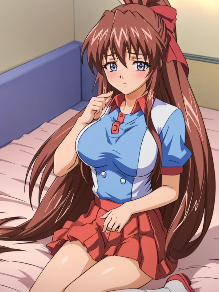 (Anime artwork, Anime Style, Studio Anime, Very detailed, up to date, Vibrant, Anime Coloring Book, High Contrast, masterpiece:1.2, Highest quality, Best aesthetics), (Beautiful and detailed:1.2), Aoi Tennis, 1 person, Hair Ribbon, Tennis uniform, Polo shirt, Raglan sleeves, Pleated skirt, Red Skirt, blush, Lips parted, liar, On the bed, Pink Good, In a seductive pose, Lying horizontally on the floor, Turn to face the audience, Skirt Lift, No pants,White knee socks,Asymmetrical bangs, Perfect Proportions, Skin with attention to detail, cute, Detailed face,