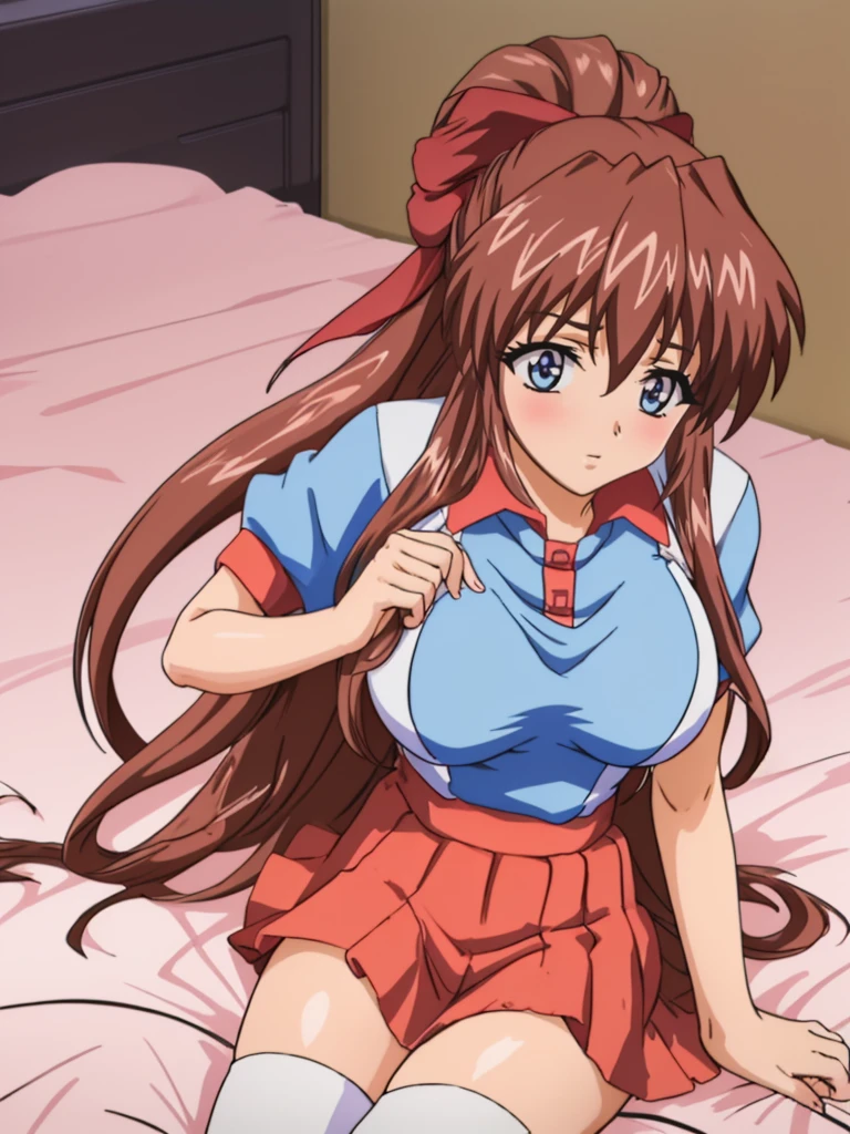 (Anime artwork, Anime Style, Studio Anime, Very detailed, up to date, Vibrant, Anime Coloring Book, High Contrast, masterpiece:1.2, Highest quality, Best aesthetics), (Beautiful and detailed:1.2), Aoi Tennis, 1 person, Hair Ribbon, Tennis uniform, Polo shirt, Raglan sleeves, Pleated skirt, Red Skirt, blush, Lips parted, liar, On the bed, Pink Good, In a seductive pose, Lying horizontally on the floor, Turn to face the audience, Skirt Lift, No pants,White knee socks,Asymmetrical bangs, Perfect Proportions, Skin with attention to detail, cute, Detailed face,