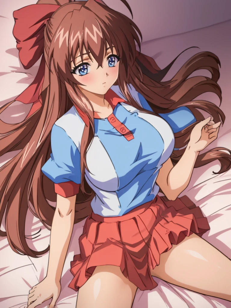 (Anime artwork, Anime Style, Studio Anime, Very detailed, up to date, Vibrant, Anime Coloring Book, High Contrast, masterpiece:1.2, Highest quality, Best aesthetics), (Beautiful and detailed:1.2), Aoi Tennis, 1 person, Hair Ribbon, Tennis uniform, Polo shirt, Raglan sleeves, Pleated skirt, Red Skirt, blush, Lips parted, liar, On the bed, Pink Good, In a seductive pose, Lying horizontally on the floor, Turn to face the audience, Skirt Lift, No pants,White knee socks,Asymmetrical bangs, Perfect Proportions, Skin with attention to detail, cute, Detailed face,