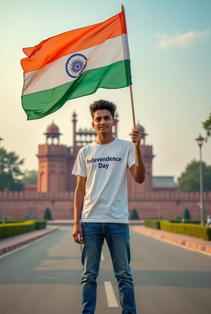 Generate a Realistic 19 years old boy, Wearing White T shirt blue lower sneakers and the name "SHIVAM
SAiNi" is written on his t-shirt and the boy is standing on the road with holding a national flag of India, and behind him is the Red Fort Delhi. And written on sky "Independence Day" Create Realistic image high quality