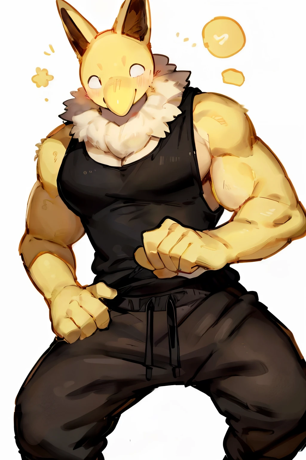 Furry, Anthro, solo, Hypno, Male, (((muscular body, massive male pectorals, yellow-gold skin, fluffy neck, wearing white fur around neck))), ((((massive biceps, wide-eyed, head tilted, dancing)))), ((((((massive bulky torso, happy, wearing black full male tanktop, wearing black sweatpants)))))), upper body, black/yellow spraypainted background, by buta99, by zackary911, by bebebebebe, (((digital painting)))