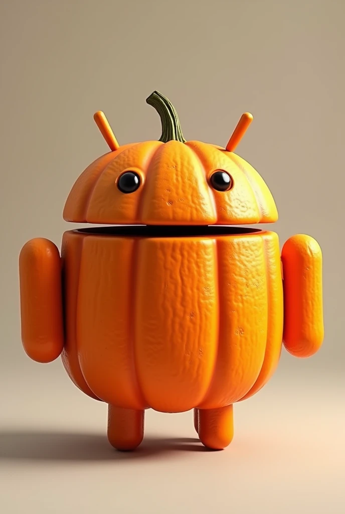 Create an image of the Android BugDroid mascot as if his body had the texture of an orange pumpkin.
