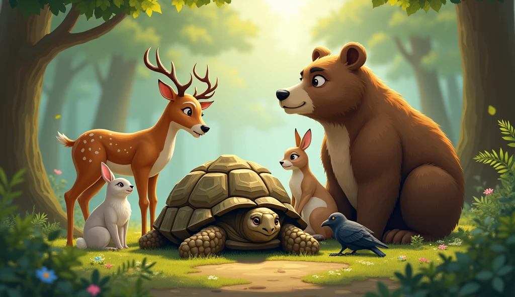 A bear, Ant, turtle and parrot in a forest
