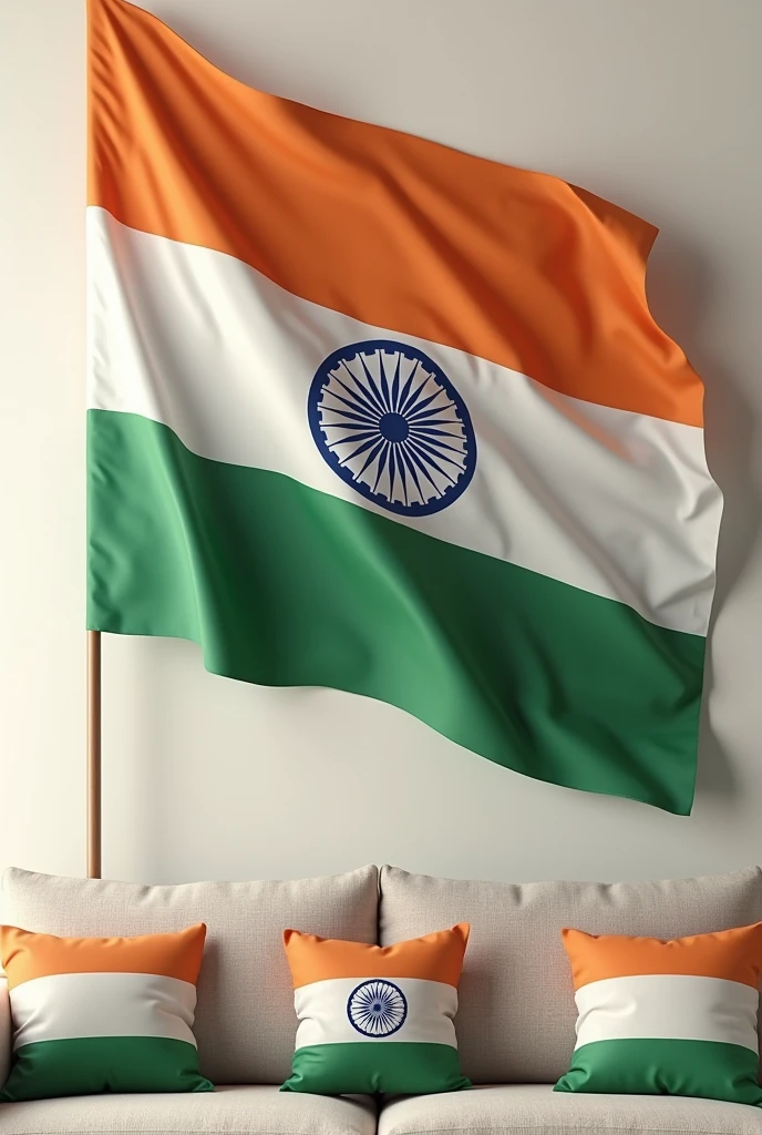 (photorealism:1.2), a 78th india independence day celebration Poster, 1st Flag of Orange Colour Flag with multiple with sofa pillow, Another flag white flag and ashoka Chakra multiple with sofa pillow, Another flag of green flag multiple with another sofa pillow and finally the order of the orange flag, white Ashoka Chakra Flag,green flag and sofa pillow also 