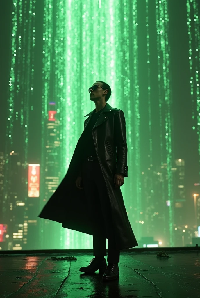 Matrix dodging bullets with glasses ,A stunning rendition of Neo in his iconic Bullet Time dodge, on the rooftop of skyscrape, in a vibrant cyberpunk metropolis.He stood on the rooftop and bent his body backward, dodging many of the bullets that came whizzing by. Clad in a shimmering Black Leather Jacket, he wears sunglasses that hide the intensity of his gaze. Green code rain cascades from the sky, casting a surreal glow over the scene. Enhanced clarity captures every detail of his dynamic pose, as if time itself has been stretched to reveal the beauty of his evasive maneuver. Chromatic aberration adds a subtle, ethereal touch to the environment, enhancing the artistic value of this digital masterpiece.
