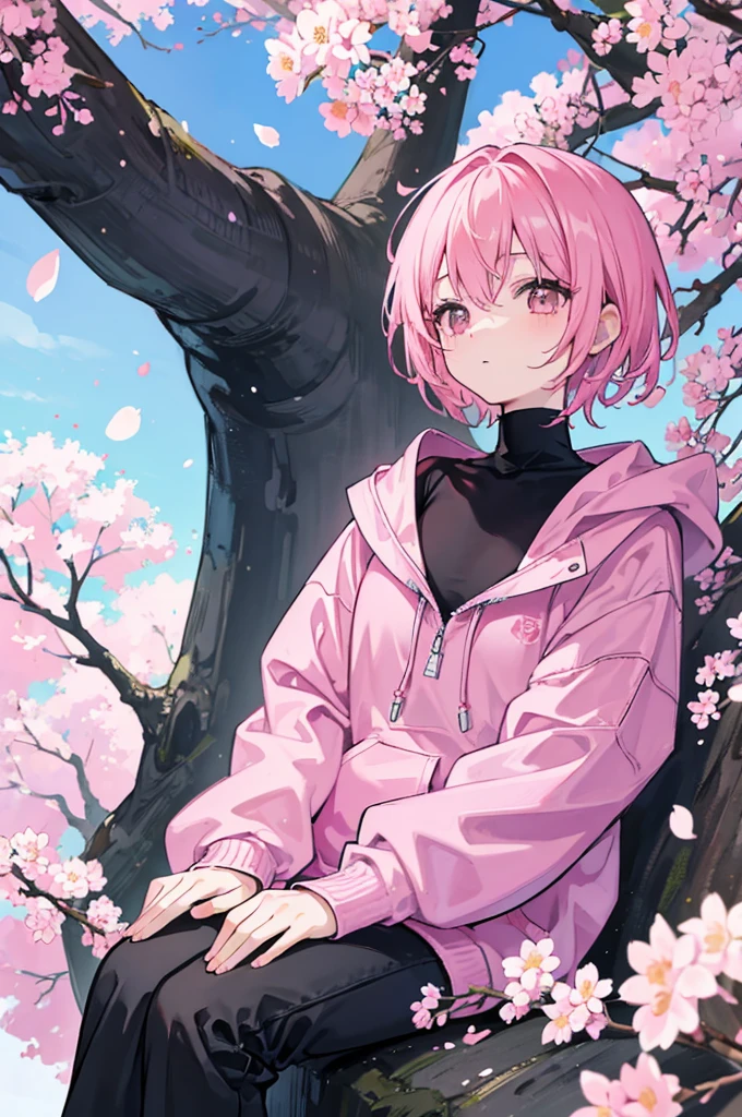 Sitting at the base of the cherry blossom tree、Pink short hair、Wearing a pink hoodie, a black turtleneck, and black long pants.、youth、man、male