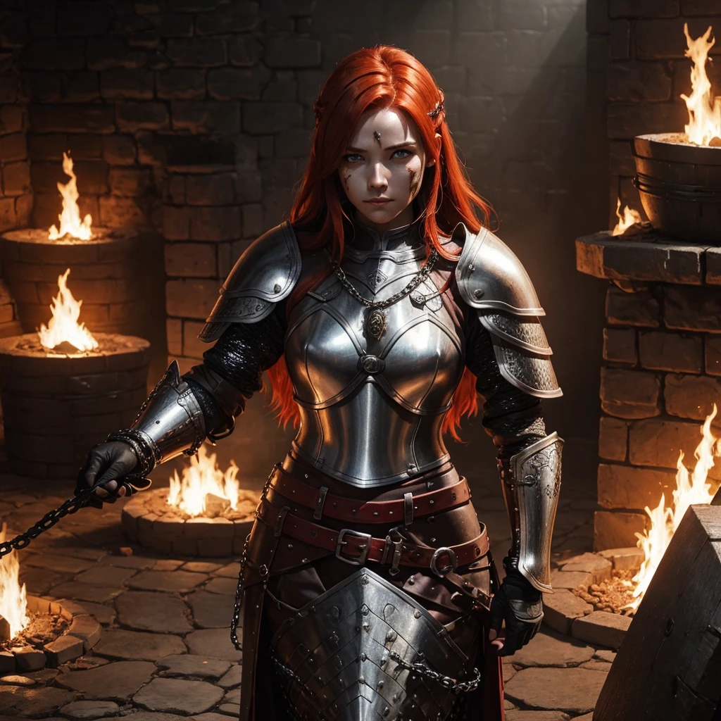 Woman in armor with red hair, espafa shield. Leather armor with chain mail. medieval rpg, it would be with embers on the floor and dust on your face black eyes, hair red fire
