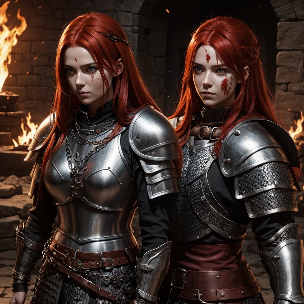 Woman in armor with red hair, espafa shield. Leather armor with chain mail. medieval rpg, it would be with embers on the floor and dust on your face black eyes, hair red fire