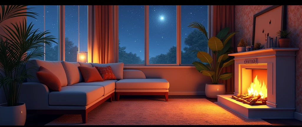 stars appearing in the side window, a brightly lit living room with a fireplace and sofa, cozy home background, detailed lighting and textures, cozy living room background, cozy place, cozy wallpaper, cozy and calm, cozy envirnment, cozy envirnment, Detailed textures and lighting, cozy room, interior background art, Personal room background, cozy atmospheric, cozy and peaceful environment, relaxing concept art