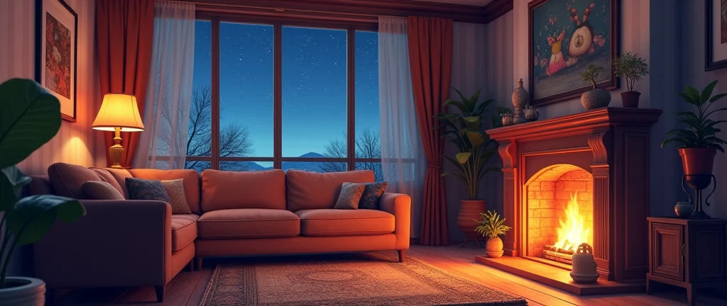 stars appearing in the side window, a brightly lit living room with a fireplace and sofa, cozy home background, detailed lighting and textures, cozy living room background, cozy place, cozy wallpaper, cozy and calm, cozy envirnment, cozy envirnment, Detailed textures and lighting, cozy room, interior background art, Personal room background, cozy atmospheric, cozy and peaceful environment, relaxing concept art