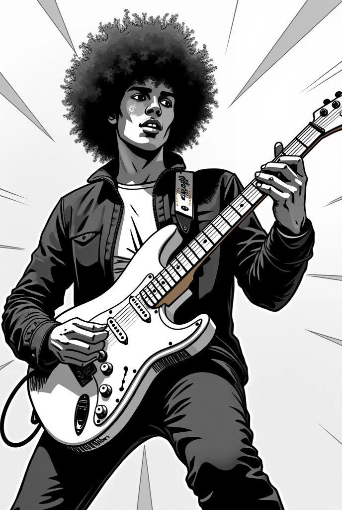 Make a black white comic picture of a guitarist playing on a Stratocaster