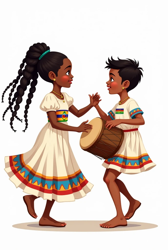 Cartoons of an African American girl with braids dancing saya wearing a white dress with a Bolivian flag belt and a Yungas boy dressed in white with the colors of the Bolivian flag playing a drum dancing Afro-Bolivian saya without background 