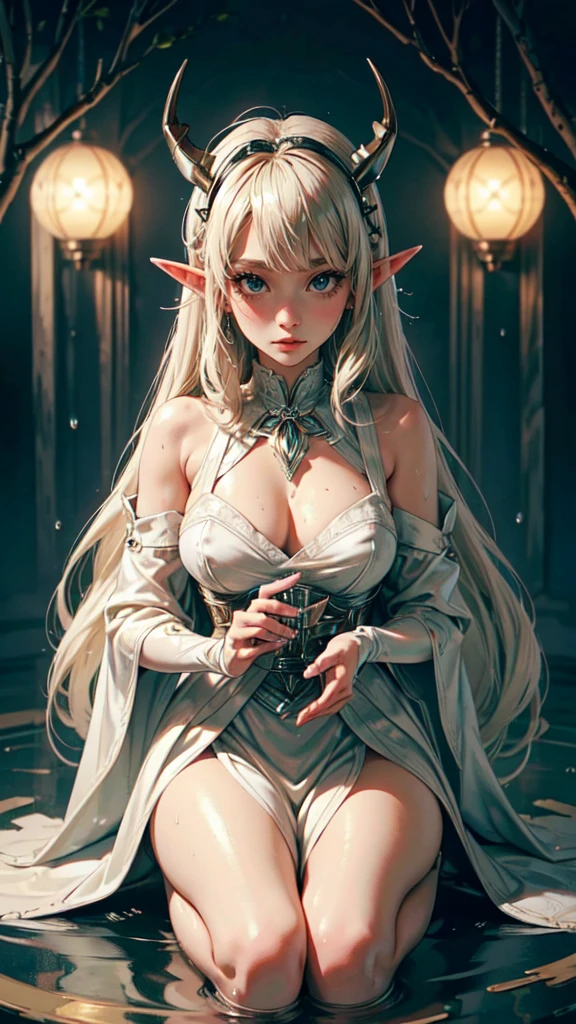 1 girl, adult woman, Alone, g0ld3mb, air, (platinum blonde hair) hair, hime cut, (kawaii hair clips:1.2) high quality, Best Quality, high resolution, High detail, (airen aura magic), hair uplifted, horns,detailed eyes, detaield hands, detailed face, elf woman, full body, wet,drops of water,wet