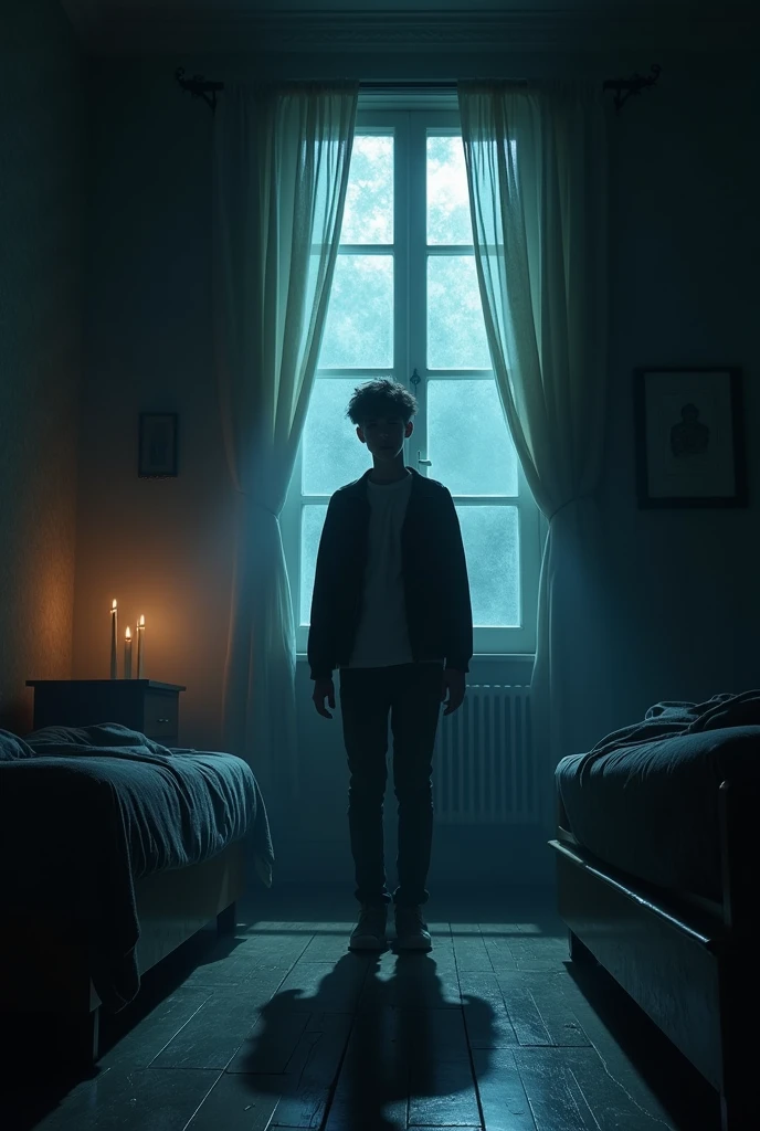 A Haunted hotel room, boy,dark light,candles, horror window,