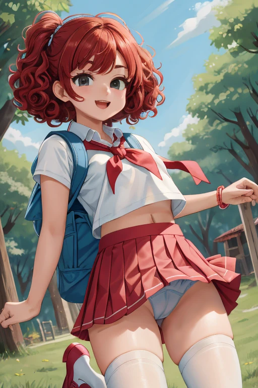 ((Best Quality)), ((masterpiece)), (detailed), head, blue cap, blue blouse, (super short pleated skirt:1.2), (mini skirt:1.2), mesh gloves, mesh stockings, black sneakers (High heels), White shirt, (Short shirt: 1.1), pink scarf, Underwear focus, (((Highlight NSFW))), ((Highlight red hair, curly, long)), from below, skirt in the wind, high kick, Underwear shot: 1.2, crop top overhang, perfect white underwear, bright Eyes, Precise teeth with spaces, (beautiful and delicate eyes: 1.2), accurate anime girl face, there is no floor, lack of land, precise anatomical hand, brown square backpack, banda para la head, bracelet,