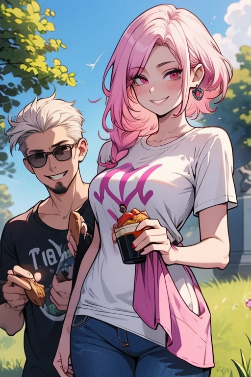 One man. One woman. Perfect faces. Perfect hands. A pink haired woman with violet eyes with an hourglass figure in a summer dress is eating lunch with a young white haired man with red eyes in a t-shirt and jeans in a cemetery with big smiles