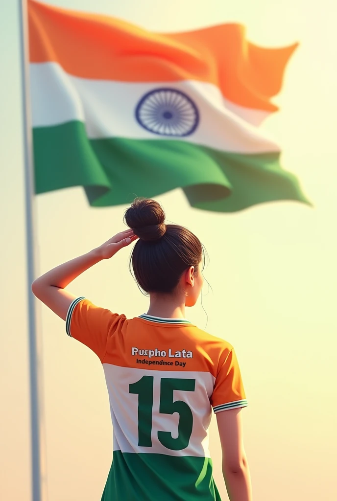 A digital painting of a woman wearing an Indian cricket jersey with the name "sampa" and the number "15" on the back. She is standing with her back turned, looking at a large Indian flag waving in the wind behind her. The scene is set in a city with fighter jets flying overhead, and there are also several Indian flags visible in the background. The painting has a patriotic theme and celebrates India's Independence Day.