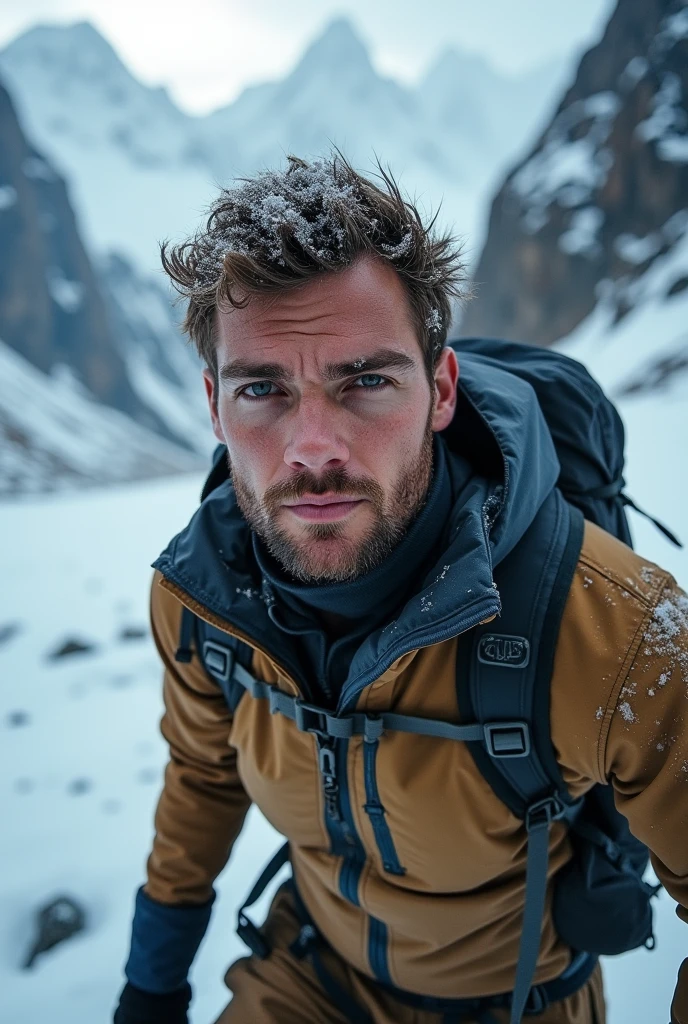 A 25 year old handsome man travelling in snow mountains wearing jacket and trekking pants,close up image