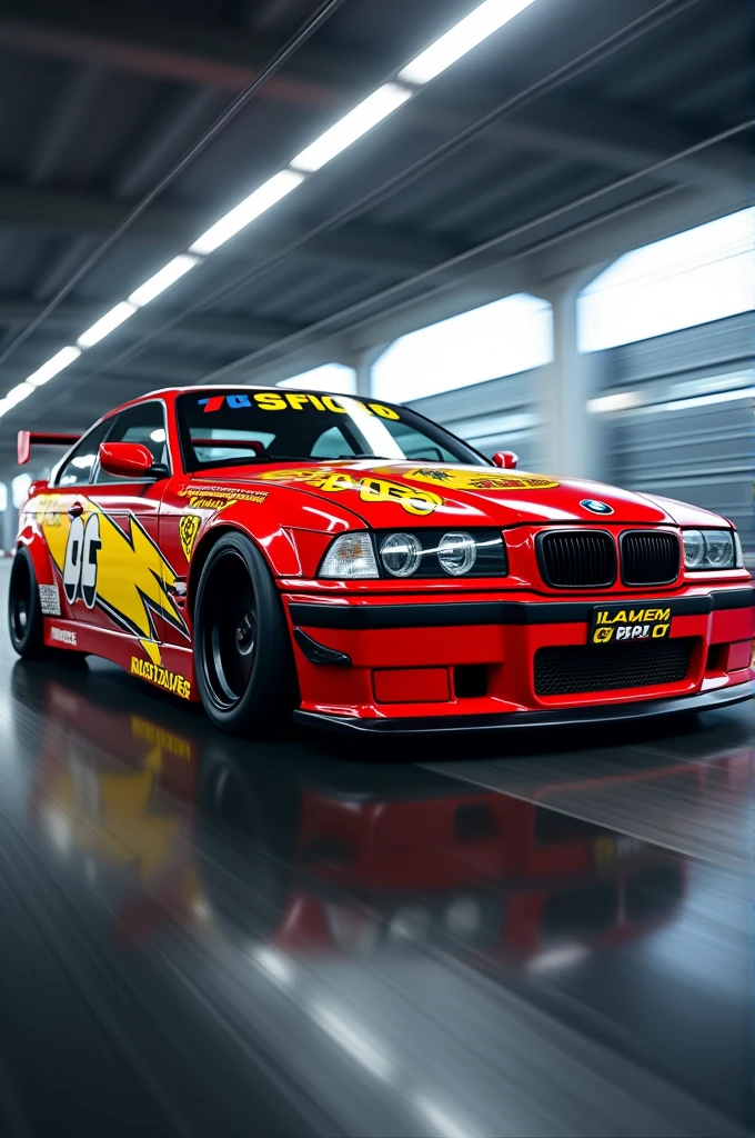 a BMW E36 with the Lightning McQueen wrap