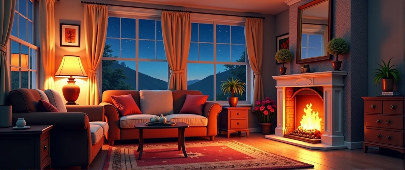 stars appearing in the side window, a brightly lit living room with a fireplace and sofa, cozy home background, detailed lighting and textures, cozy living room background, cozy place, cozy wallpaper, cozy and calm, cozy envirnment, cozy envirnment, Detailed textures and lighting, cozy room, interior background art, Personal room background, cozy atmospheric, cozy and peaceful environment, relaxing concept art