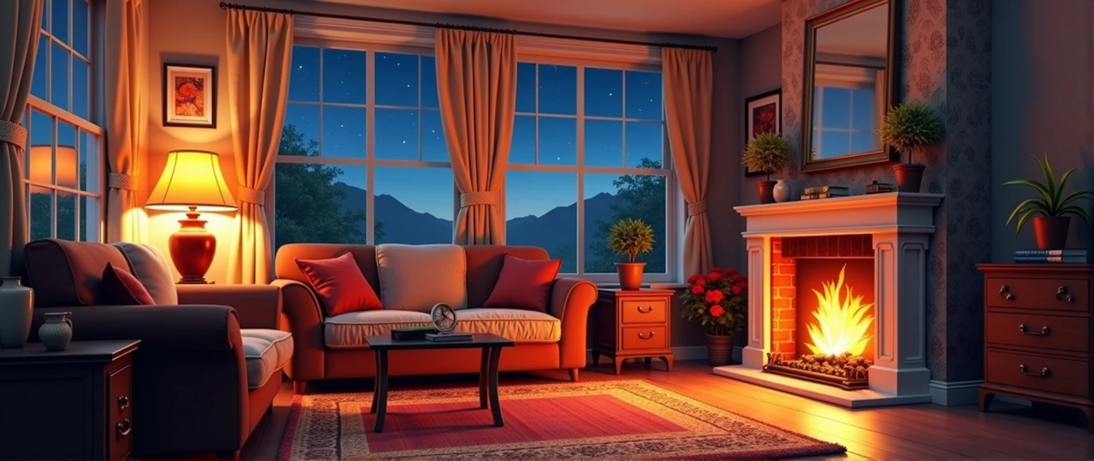 stars appearing in the side window, a brightly lit living room with a fireplace and sofa, cozy home background, detailed lighting and textures, cozy living room background, cozy place, cozy wallpaper, cozy and calm, cozy envirnment, cozy envirnment, Detailed textures and lighting, cozy room, interior background art, Personal room background, cozy atmospheric, cozy and peaceful environment, relaxing concept art