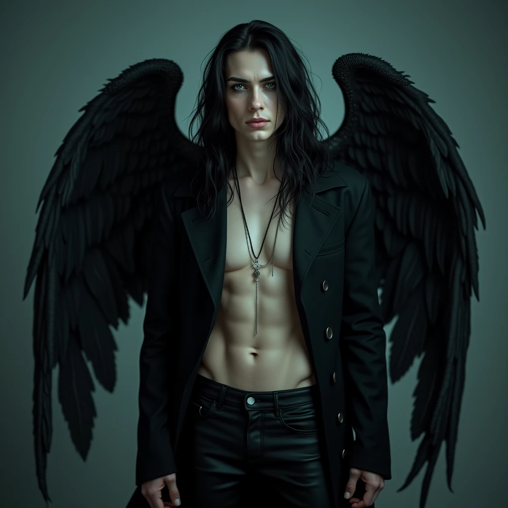 ((Best quality)), ((masterpiece)), 8k (detailed), ((perfect face)) ((fullbody)), perfect proportions, He is a gorgeous devil, his facial features delicate and perfect. He has black long hair and teal-blue eyes. Wearing black shiny leather jeans and a black trench coat. He has long eyelashes, his skin is white and pale. (No facial or body hair) He is sexy. He has gothic makeup on his face. He is 19 years old. The overall look is very erotic. ((Black and purple)) ((sexy)) ((seductive) ((looking down)) ((Smirking)) male) boy. ((Black wings))