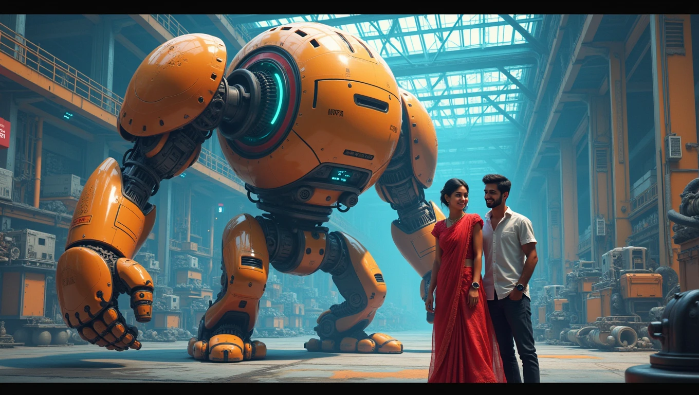 ((masterpiece, better quality)),illustration,ultra detailed 8k,photorealistic,sharp focus,very detailed,professional lighting,colorful details,iridescent colors BREAK extremely long plan of a factory,large mechanical robot construction,microchip,computer,glossy, intricate details,shitu-mecha,1girl stands next to Mecha, Gundam, navel, cute, sexy, eyes ultra detailed, realistic, best quality, very detailed, Beautiful A 21 year old Indian girl she have smile on face and she is wearing red colour suit salwar and she is going towards the garden and behind her she also has boyfriend smile on face when I am going hand in pocket and the girl is a little bit shy And she has boyfriend behind her too.hd realistic art image